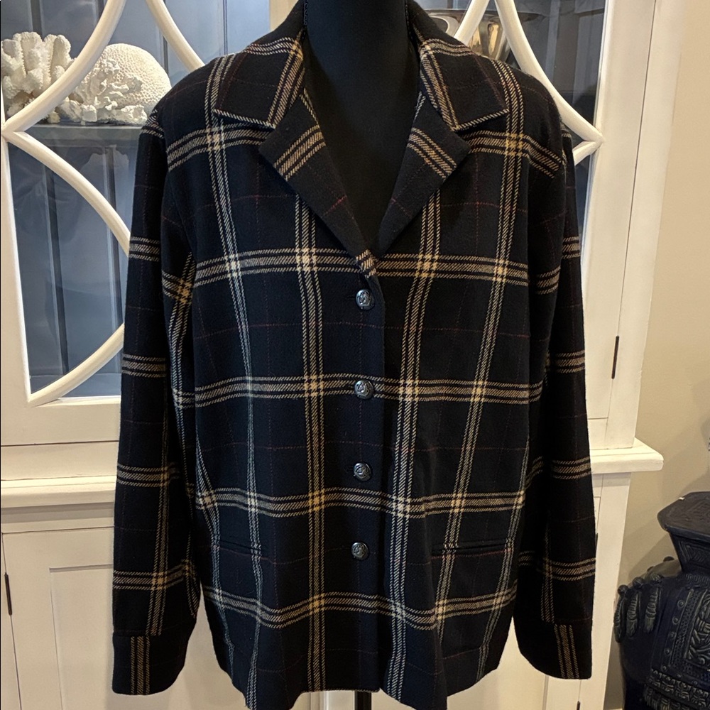 Ralph Lauren Vintage Black Tartan Lambswool Blazer Jacket w/ Suede Elbow Patches